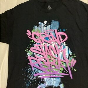 Black Graphic Tee with Pink and Blue Design